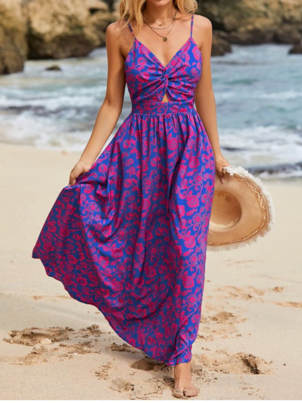 Floral Print Knotted V-Neck Maxi Dress